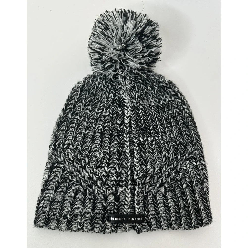 Rebecca Minkoff‎ Black & White Knit Pom Beanie Hat Winter Warm
